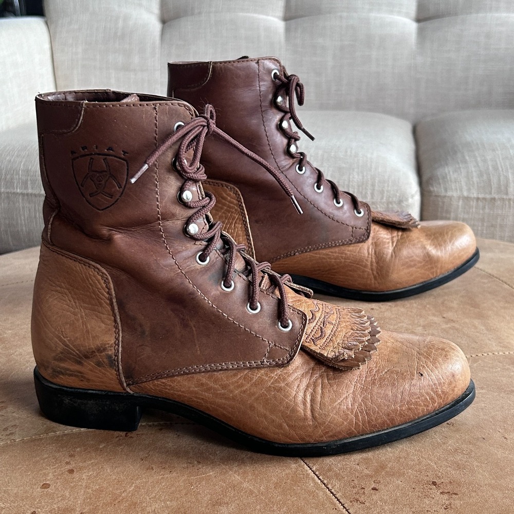 Ariat Heritage Leather Lace Up Western Boots Womens 8.5 Kiltie Cowgirl Brown